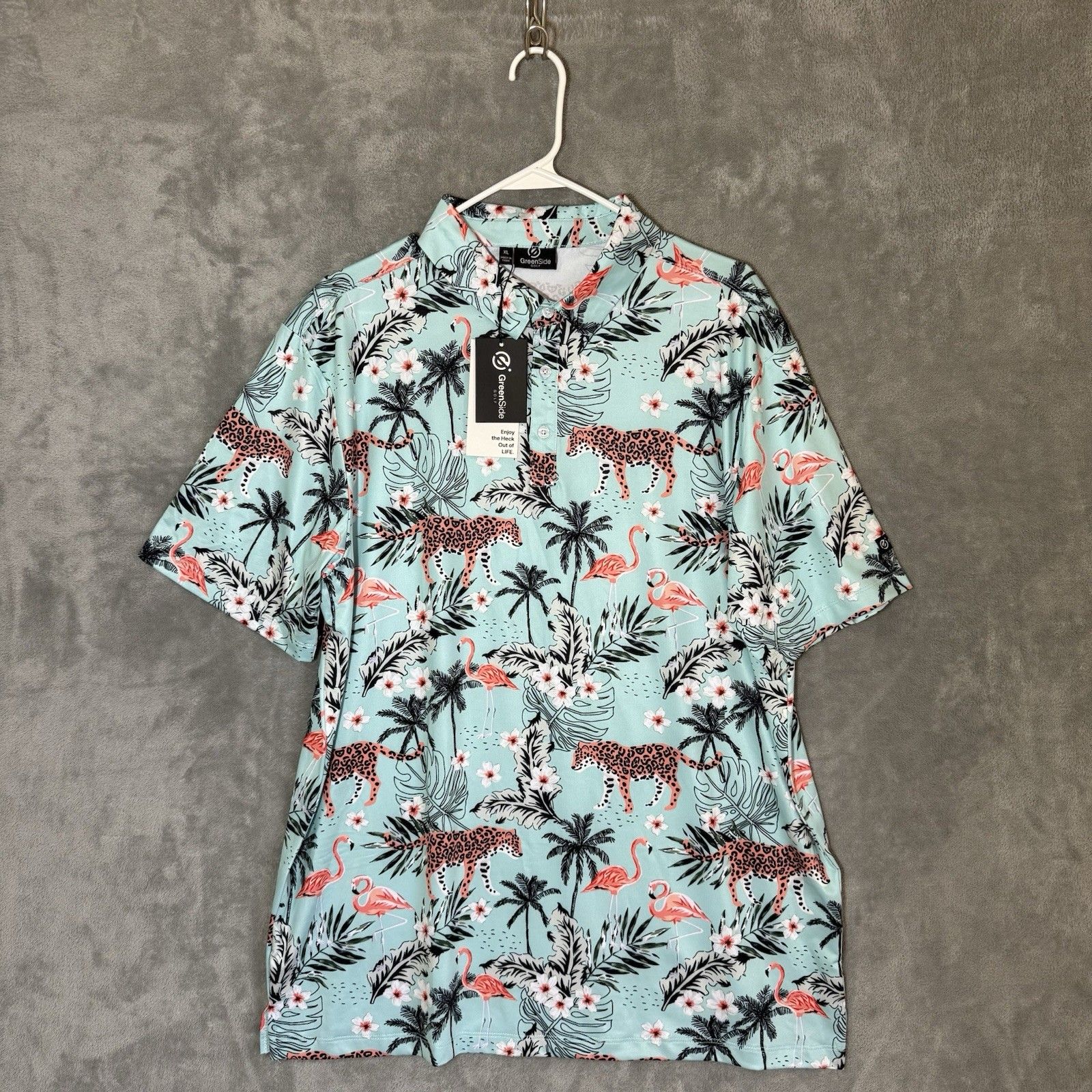 Nwt Green Side Men Xl Shirt Golf Polo Animal African Oasis Print Performance